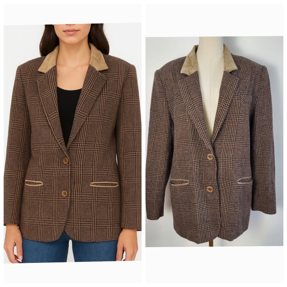 Vintage Jessica Sport Brown and Tan Plaid Blazer with Velvet Collar